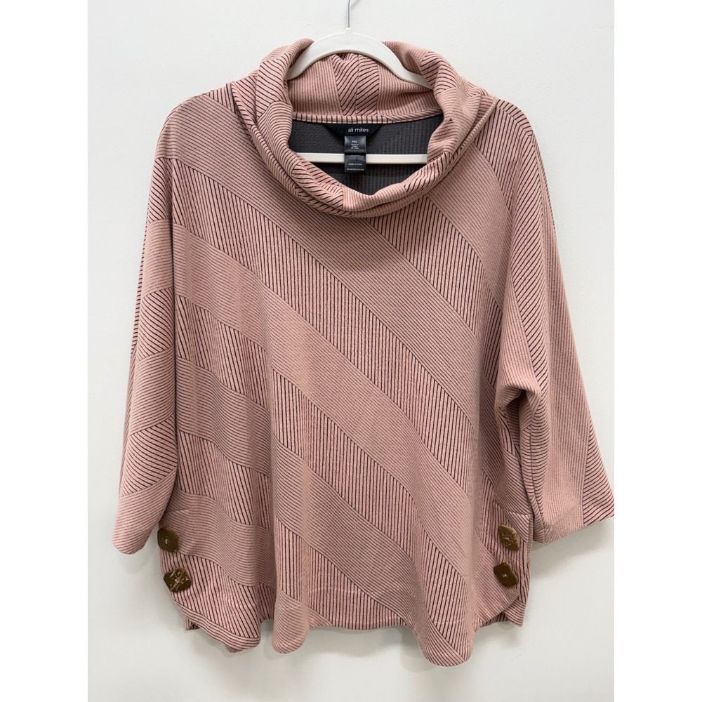 Ali Miles Cowl Neck Tunic PXL Pink Black Diagonal Stripe Button Detail Top